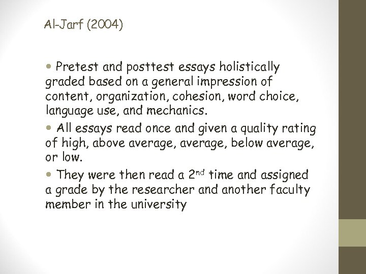 Al-Jarf (2004) Pretest and posttest essays holistically graded based on a general impression of