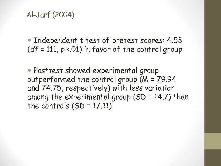 Al-Jarf (2004) Independent t test of pretest scores: 4. 53 (df = 111, p