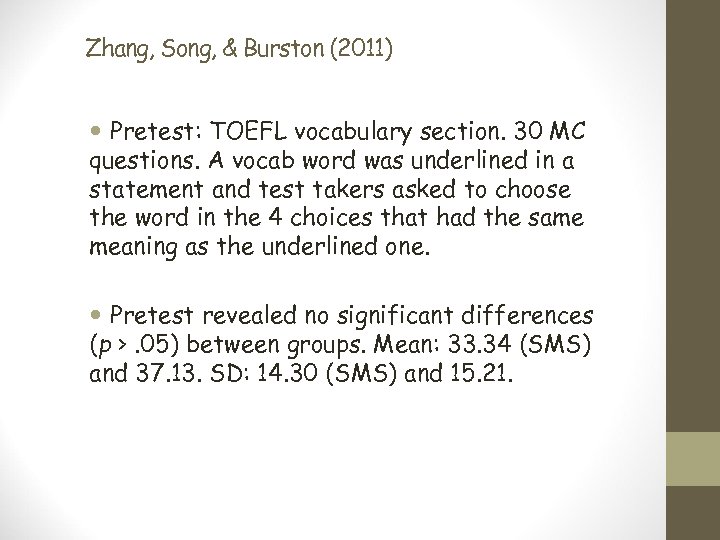 Zhang, Song, & Burston (2011) Pretest: TOEFL vocabulary section. 30 MC questions. A vocab