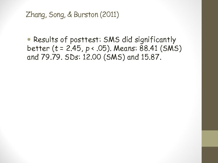 Zhang, Song, & Burston (2011) Results of posttest: SMS did significantly better (t =