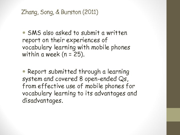 Zhang, Song, & Burston (2011) SMS also asked to submit a written report on