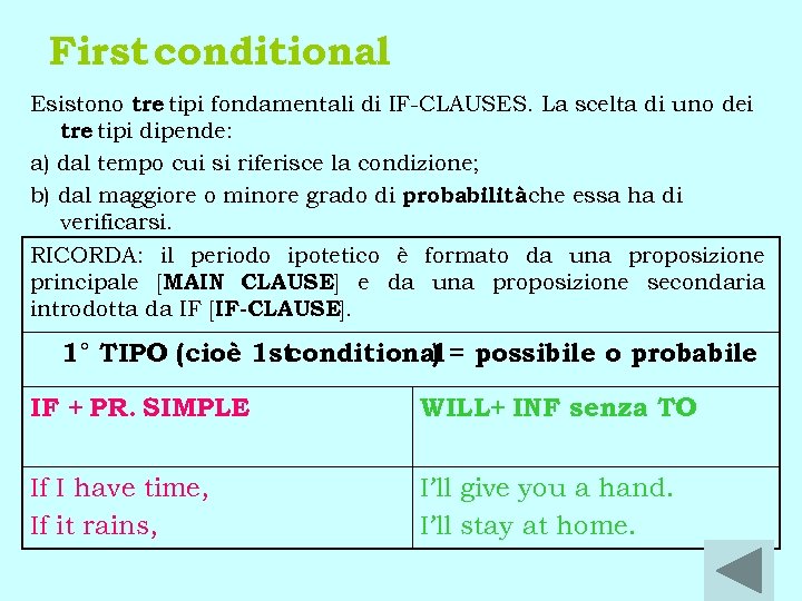 First conditional Esistono tre tipi fondamentali di IF-CLAUSES. La scelta di uno dei tre