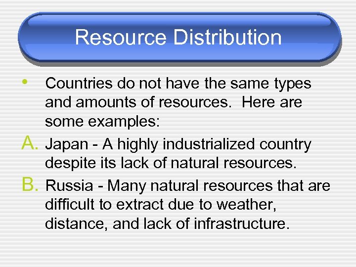 Resource Distribution • Countries do not have the same types A. B. and amounts