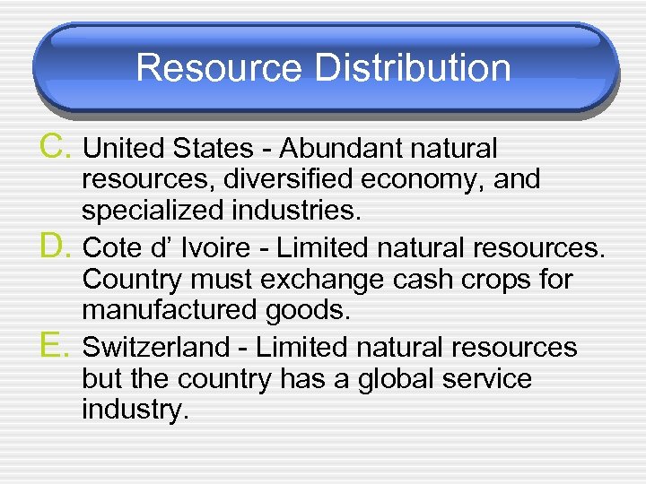 Resource Distribution C. United States - Abundant natural resources, diversified economy, and specialized industries.