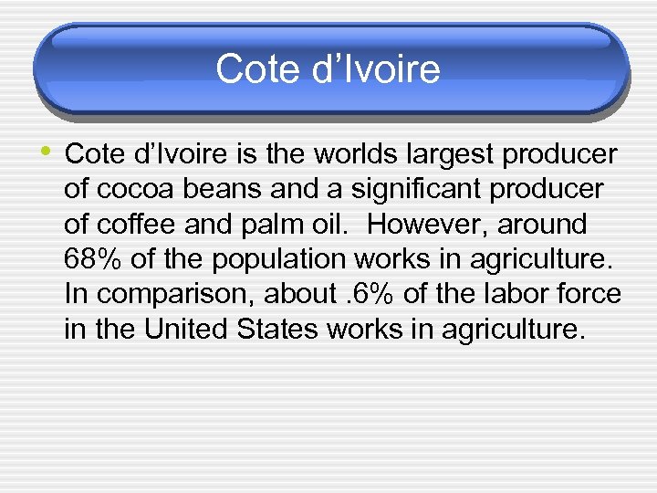 Cote d’Ivoire • Cote d’Ivoire is the worlds largest producer of cocoa beans and