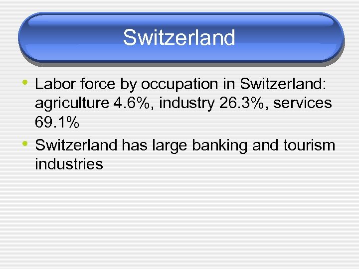 Switzerland • Labor force by occupation in Switzerland: • agriculture 4. 6%, industry 26.