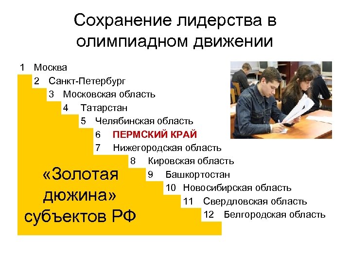 Сохранение лидерства в олимпиадном движении 1 Москва 2 Санкт-Петербург 3 Московская область 4 Татарстан