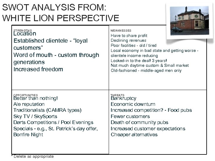 SWOT ANALYSIS FROM: WHITE LION PERSPECTIVE STRENGTHS Location Established clientele - “loyal customers” Word