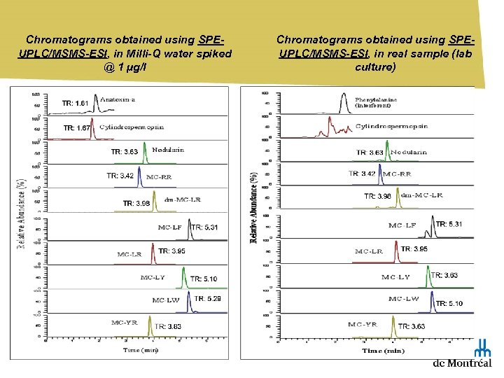 Chromatograms obtained using SPEUPLC/MSMS-ESI, in Milli-Q water spiked @ 1 µg/l Chromatograms obtained using