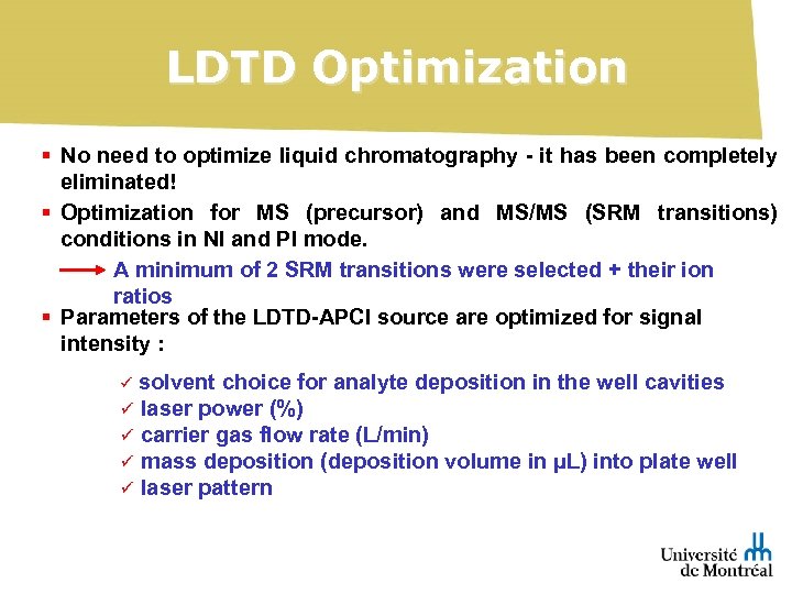 LDTD Optimization § No need to optimize liquid chromatography - it has been completely