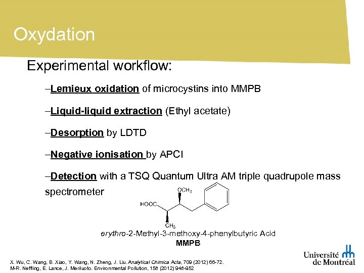 Oxydation Experimental workflow: –Lemieux oxidation of microcystins into MMPB –Liquid-liquid extraction (Ethyl acetate) –Desorption