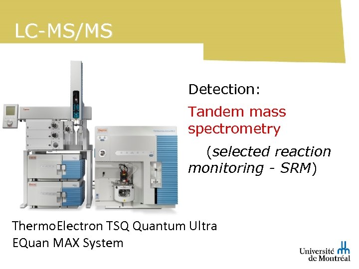 LC-MS/MS Detection: Tandem mass spectrometry (selected reaction monitoring - SRM) Thermo. Electron TSQ Quantum