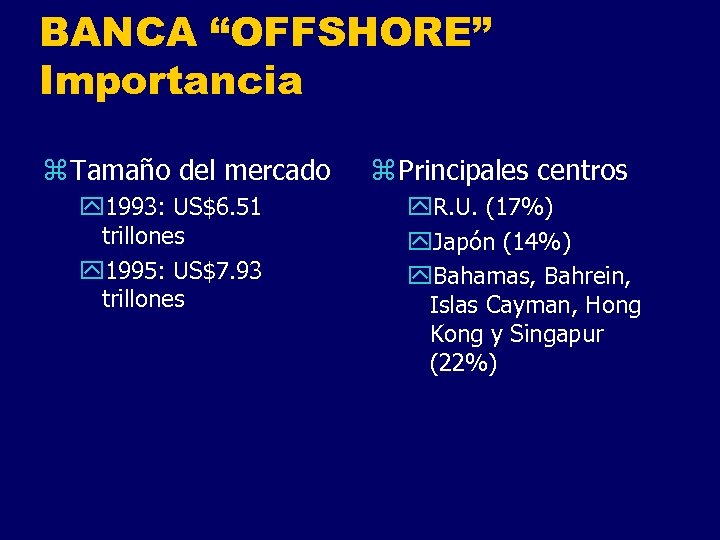 BANCA “OFFSHORE” Importancia z Tamaño del mercado y 1993: US$6. 51 trillones y 1995: