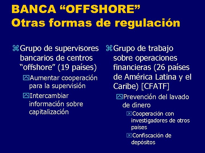 BANCA “OFFSHORE” Otras formas de regulación z Grupo de supervisores z Grupo de trabajo