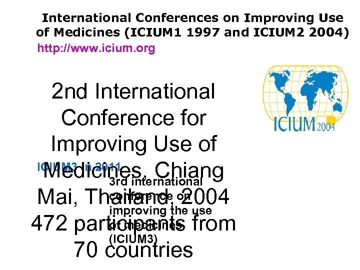 International Conferences on Improving Use of Medicines (ICIUM 1 1997 and ICIUM 2 2004)