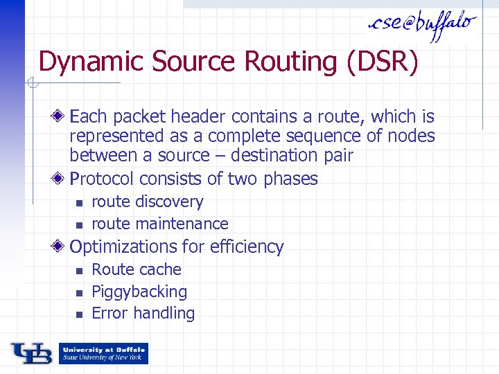 Dynamic Source Routing (DSR) Each packet header contains a route, which is represented as