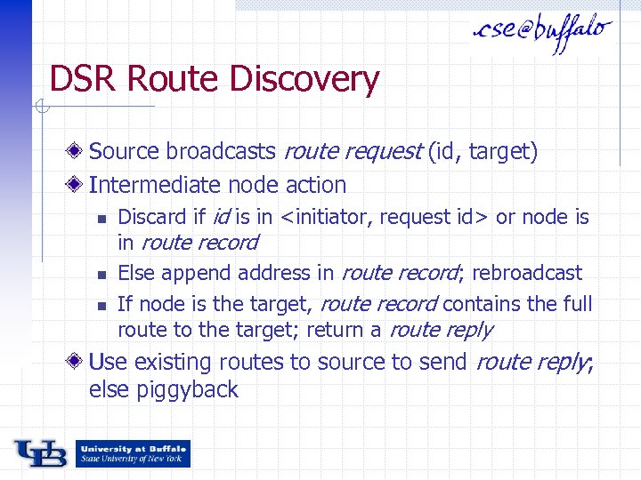 DSR Route Discovery Source broadcasts route request (id, target) Intermediate node action n Discard