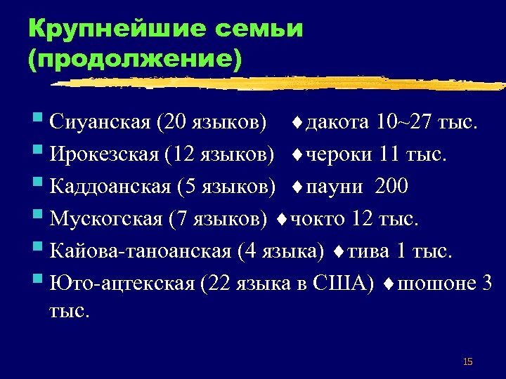Крупнейшие семьи (продолжение) § Сиуанская (20 языков) дакота 10~27 тыс. § Ирокезская (12 языков)