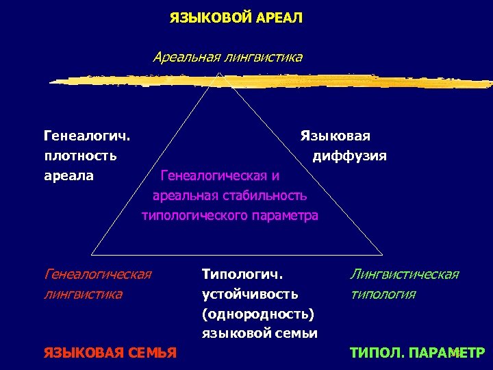 ЯЗЫКОВОЙ АРЕАЛ Ареальная лингвистика Генеалогич. плотность ареала Языковая диффузия Генеалогическая и ареальная стабильность типологического