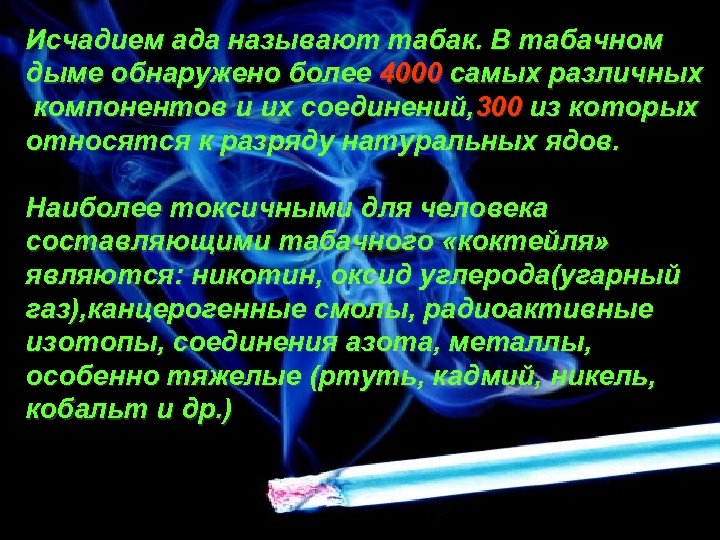 Исчадием ада называют табак. В табачном дыме обнаружено более 4000 самых различных компонентов и