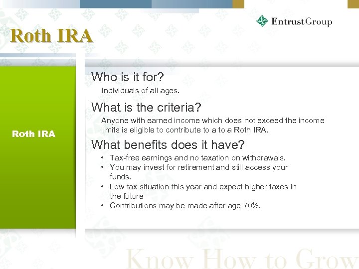 Roth IRA Who is it for? Individuals of all ages. What is the criteria?