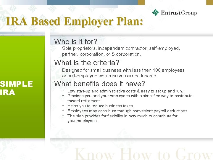 IRA Based Employer Plan: Who is it for? Sole proprietors, independent contractor, self-employed, partner,