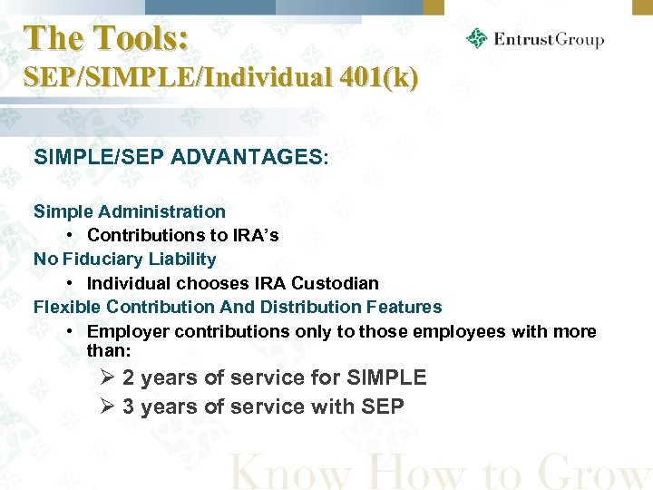 The Tools: SEP/SIMPLE/Individual 401(k) SIMPLE/SEP ADVANTAGES: Simple Administration • Contributions to IRA’s No Fiduciary