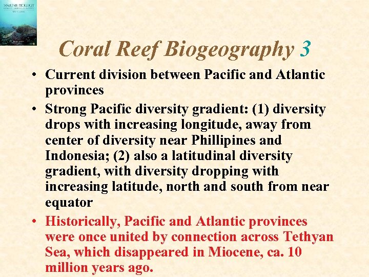 Coral Reef Biogeography 3 • Current division between Pacific and Atlantic provinces • Strong