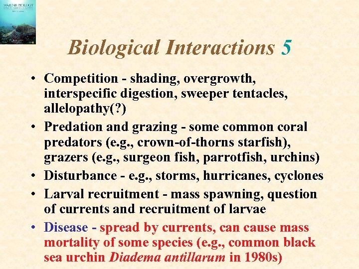 Biological Interactions 5 • Competition - shading, overgrowth, interspecific digestion, sweeper tentacles, allelopathy(? )