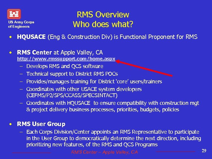 US Army Corps of Engineers RMS Overview July