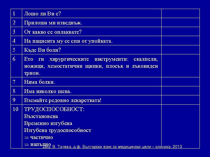 1 Лошо ли Ви е? 2 Прилоша ми изведнъж. 3 От какво се оплаквате?