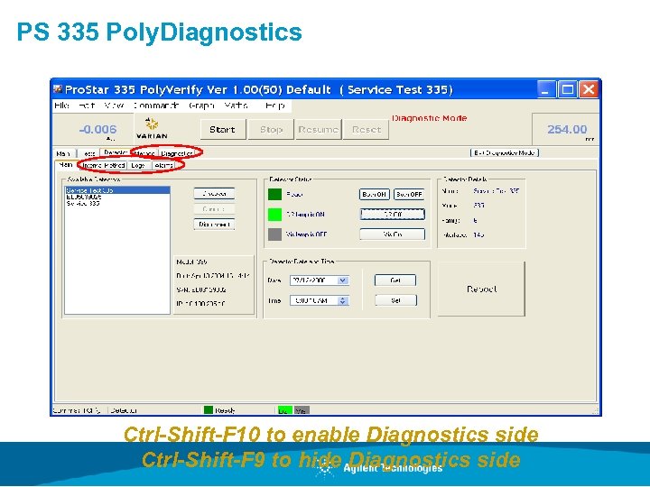 PS 335 Poly. Diagnostics Ctrl-Shift-F 10 to enable Diagnostics side Ctrl-Shift-F 9 to hide