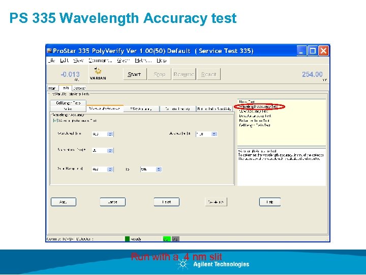 PS 335 Wavelength Accuracy test Run with a 4 nm slit 