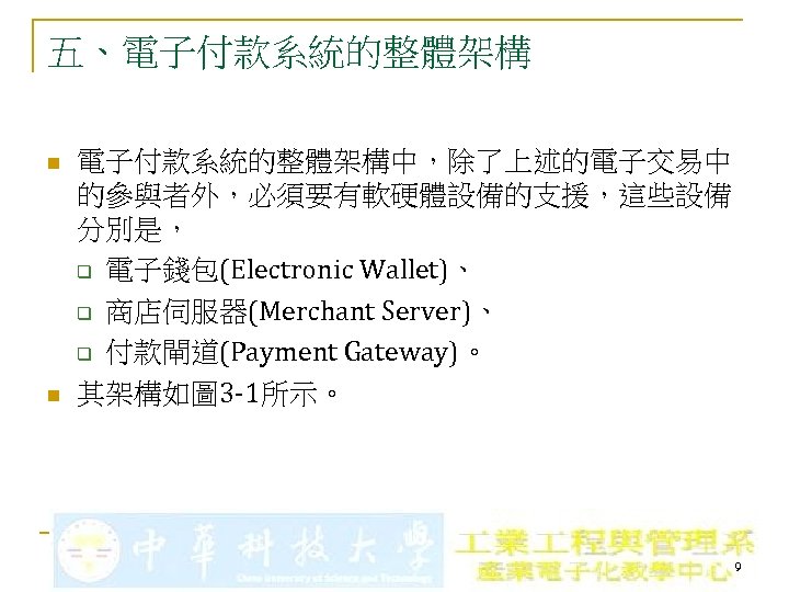 五、電子付款系統的整體架構 n n 電子付款系統的整體架構中，除了上述的電子交易中 的參與者外，必須要有軟硬體設備的支援，這些設備 分別是， q 電子錢包(Electronic Wallet)、 q 商店伺服器(Merchant Server)、 q 付款閘道(Payment