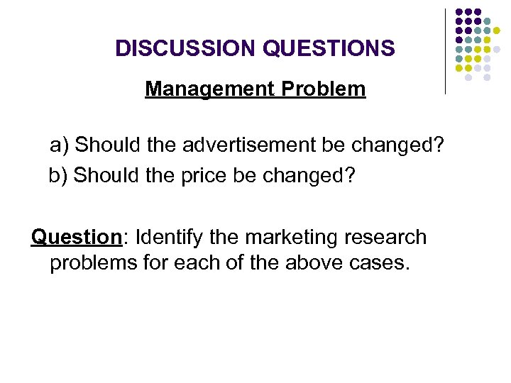 DISCUSSION QUESTIONS Management Problem a) Should the advertisement be changed? b) Should the price