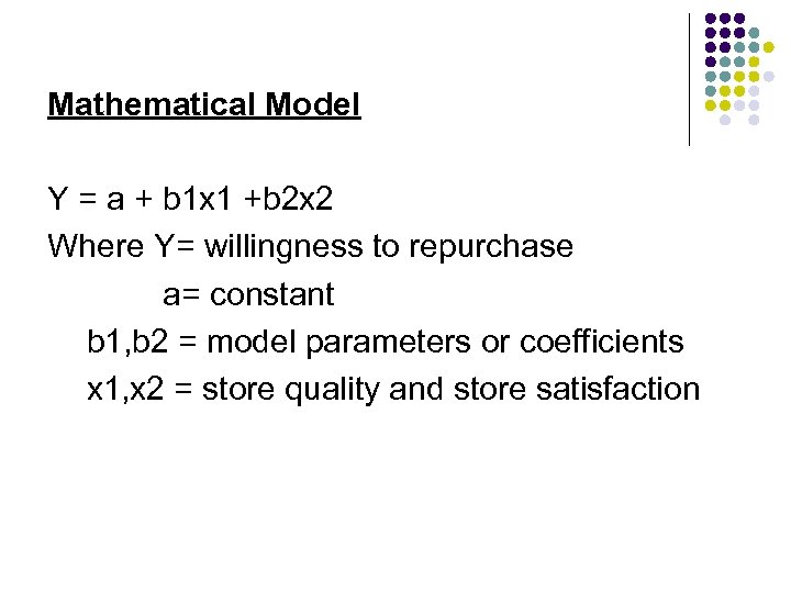 Mathematical Model Y = a + b 1 x 1 +b 2 x 2