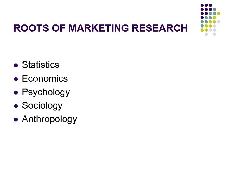 ROOTS OF MARKETING RESEARCH l l l Statistics Economics Psychology Sociology Anthropology 