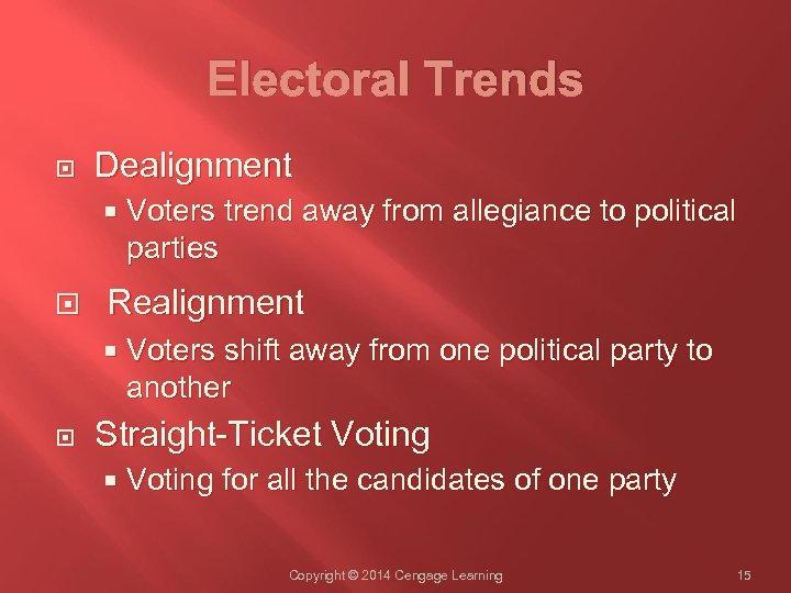 Electoral Trends Dealignment Realignment Voters trend away from allegiance to political parties Voters shift