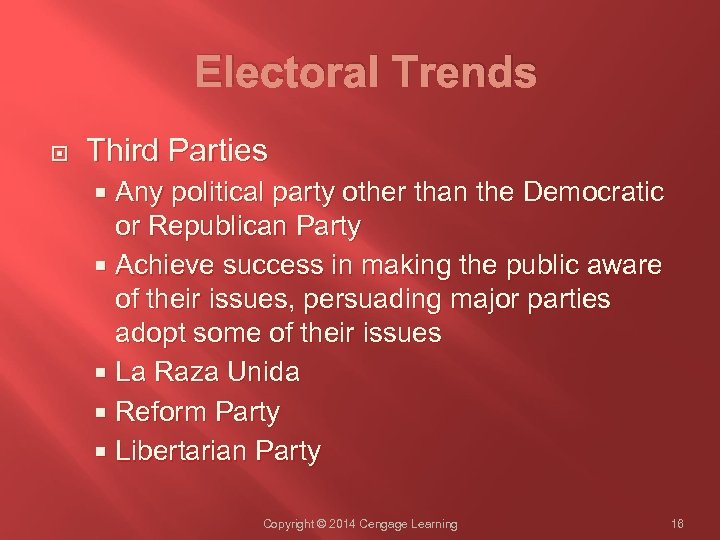 Electoral Trends Third Parties Any political party other than the Democratic or Republican Party