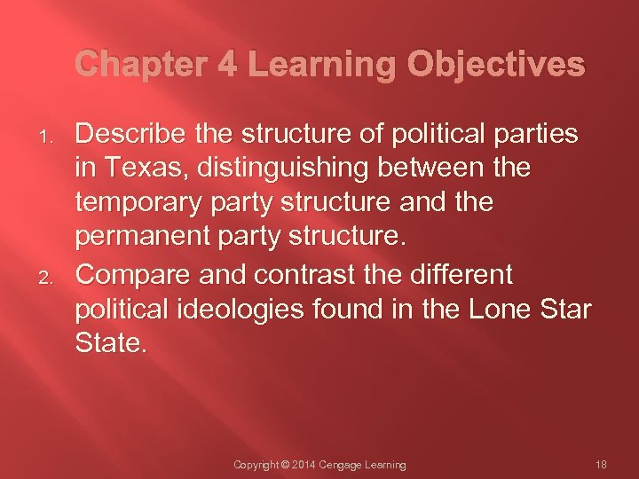 Chapter 4 Learning Objectives 1. 2. Describe the structure of political parties in Texas,