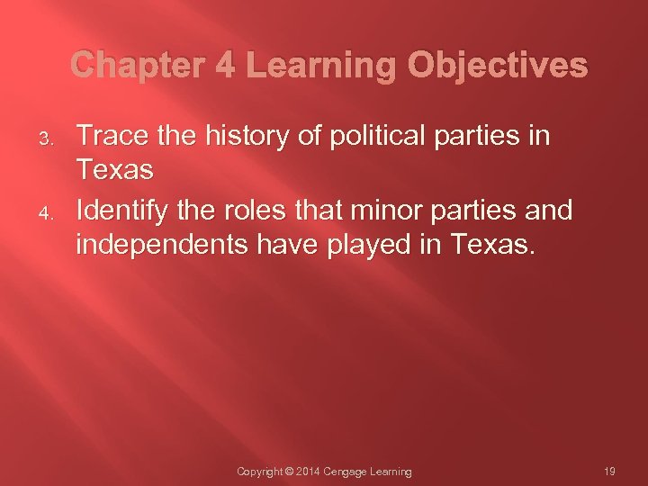 Chapter 4 Learning Objectives 3. 4. Trace the history of political parties in Texas