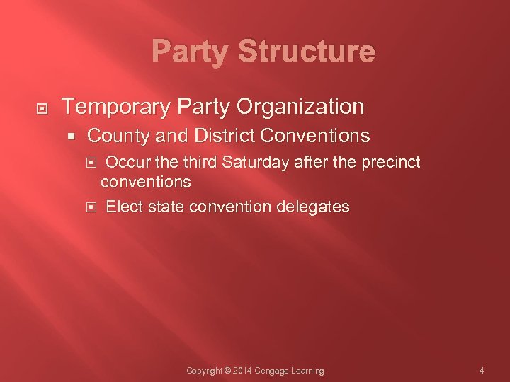 Party Structure Temporary Party Organization County and District Conventions Occur the third Saturday after