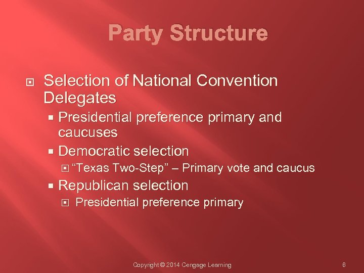 Party Structure Selection of National Convention Delegates Presidential preference primary and caucuses Democratic selection