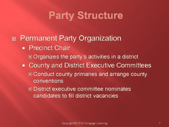 Party Structure Permanent Party Organization Precinct Chair Organizes the party’s activities in a district