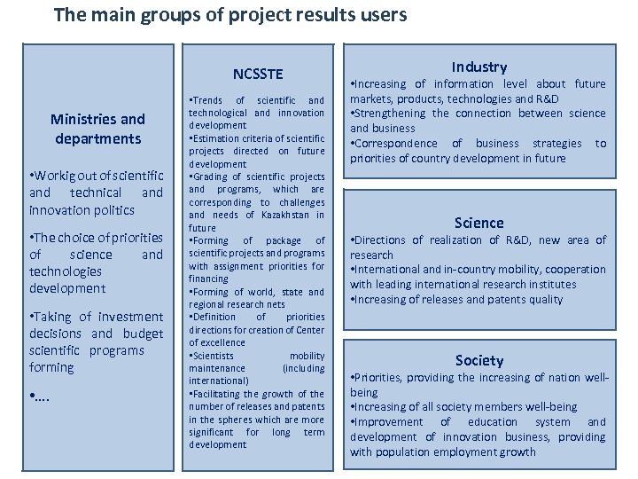 The main groups of project results users NCSSTE Ministries and departments • Workig out