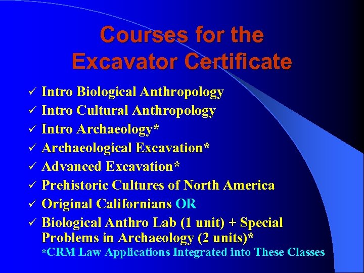 Courses for the Excavator Certificate ü ü ü ü Intro Biological Anthropology Intro Cultural