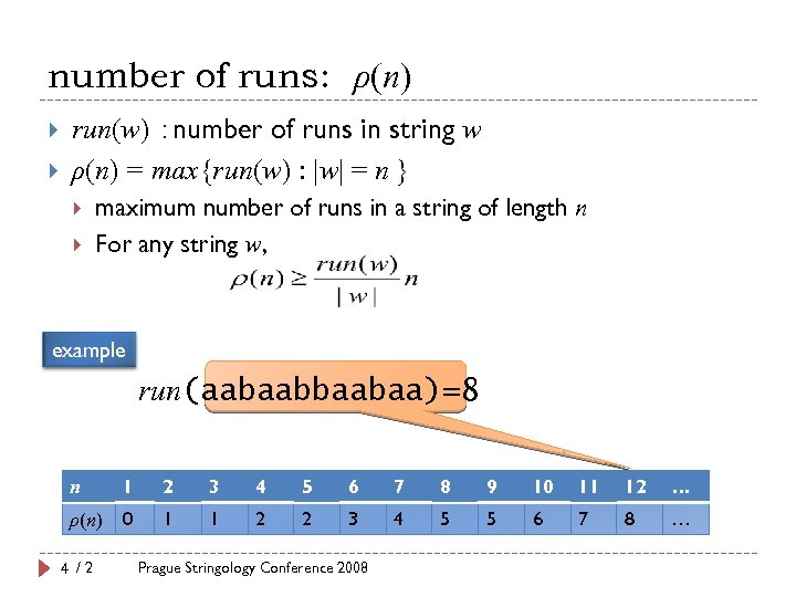 number of runs: ρ(n) run(w) ：number of runs in string w ρ(n) = max{run(w)