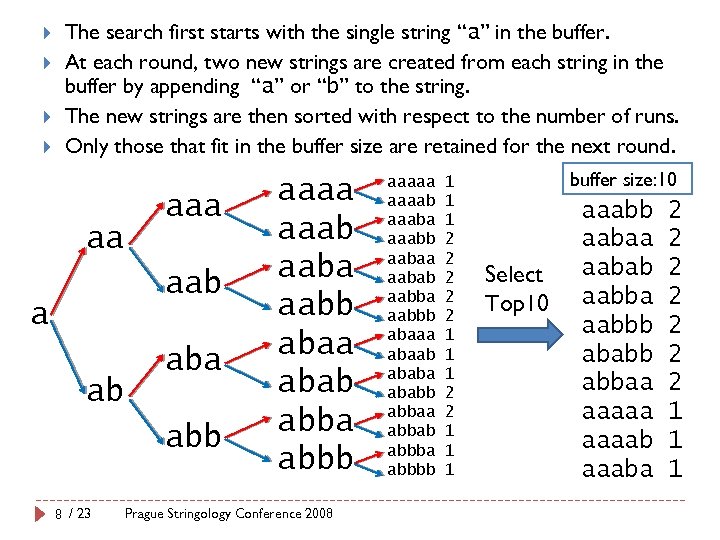 The search first starts with the single string “a” in the buffer. At