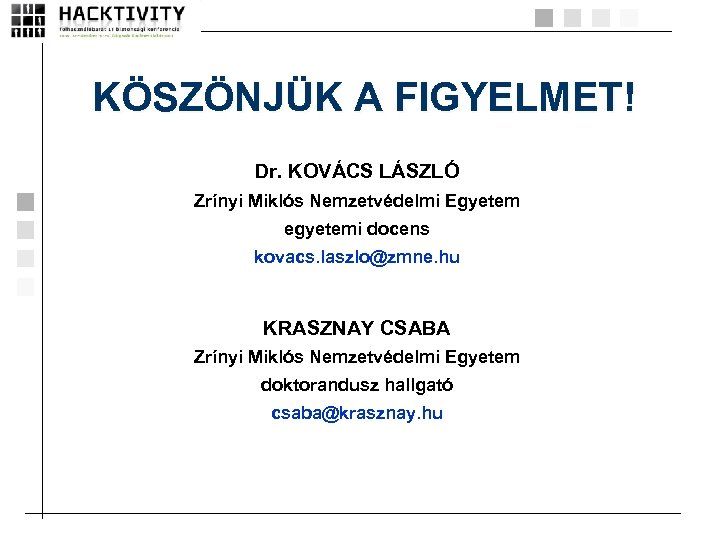 KÖSZÖNJÜK A FIGYELMET! Dr. KOVÁCS LÁSZLÓ Zrínyi Miklós Nemzetvédelmi Egyetem egyetemi docens kovacs. laszlo@zmne.