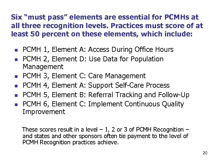 Six “must pass” elements are essential for PCMHs at all three recognition levels. Practices